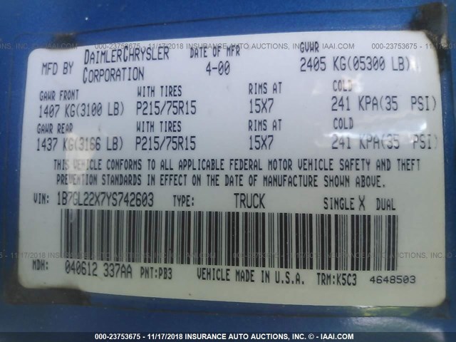 1B7GL22X7YS742603 - 2000 DODGE DAKOTA BLUE photo 9