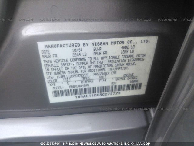 1N4AL11D05C272725 - 2005 NISSAN ALTIMA S/SL GOLD photo 9