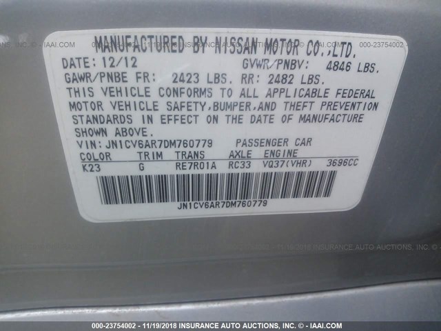 JN1CV6AR7DM760779 - 2013 INFINITI G37 SILVER photo 9