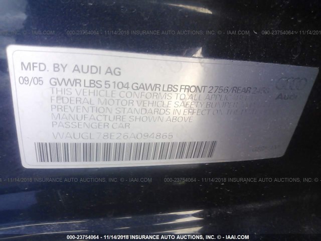 WAUGL78E26A094865 - 2006 AUDI S4 QUATTRO Dark Blue photo 9