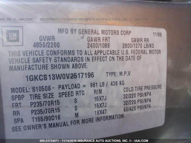 1GKCS13W0V2517196 - 1997 GMC JIMMY TAN photo 9