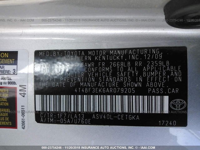 4T4BF3EK6AR079205 - 2010 TOYOTA CAMRY SE/LE/XLE SILVER photo 9