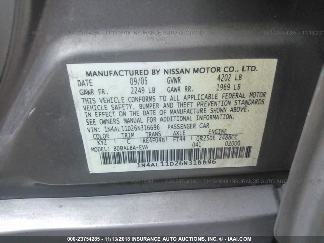 1N4AL11D26N316696 - 2006 NISSAN ALTIMA S/SL GRAY photo 9