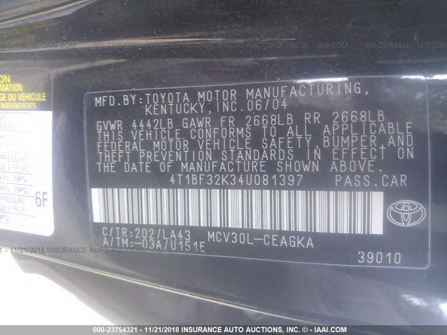 4T1BF32K34U081397 - 2004 TOYOTA CAMRY LE/XLE/SE BLACK photo 9