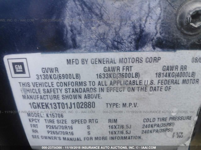 1GKEK13T01J102880 - 2001 GMC YUKON BLUE photo 9