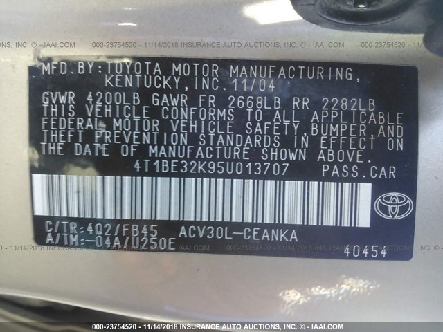 4T1BE32K95U013707 - 2005 TOYOTA CAMRY LE/XLE/SE BEIGE photo 9