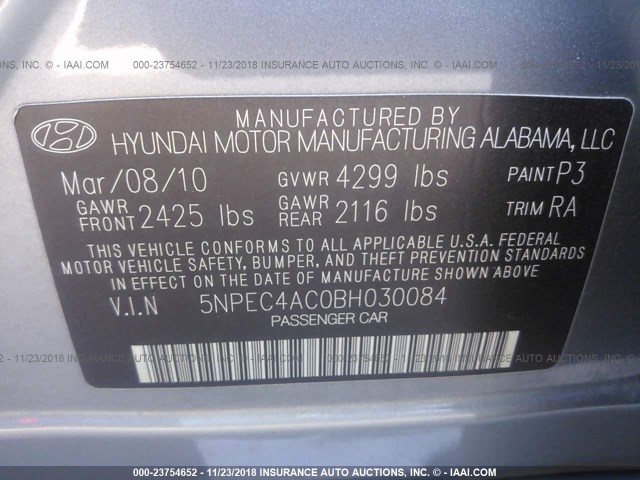 5NPEC4AC0BH030084 - 2011 HYUNDAI SONATA SE/LIMITED GRAY photo 9