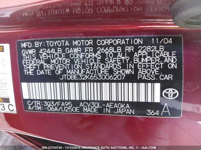 JTDBE32K653006207 - 2005 TOYOTA CAMRY LE/XLE/SE RED photo 9