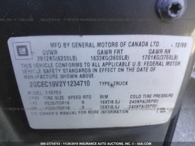 2GCEC19V2Y1234710 - 2000 CHEVROLET SILVERADO C1500 GRAY photo 9