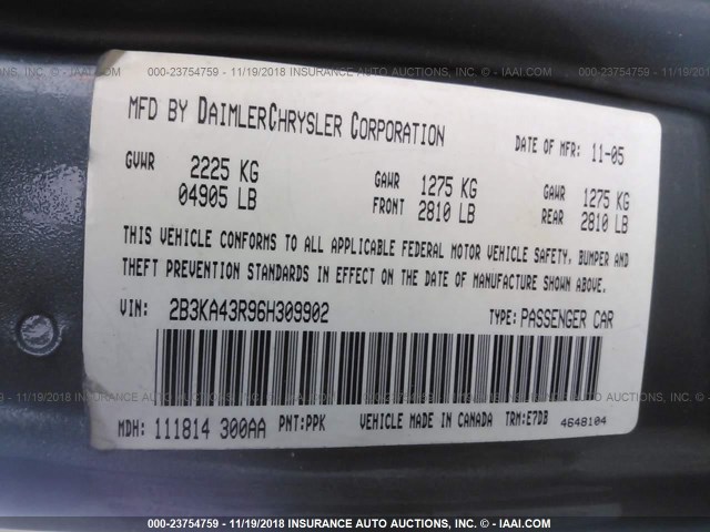 2B3KA43R96H309902 - 2006 DODGE CHARGER SE/SXT GRAY photo 9