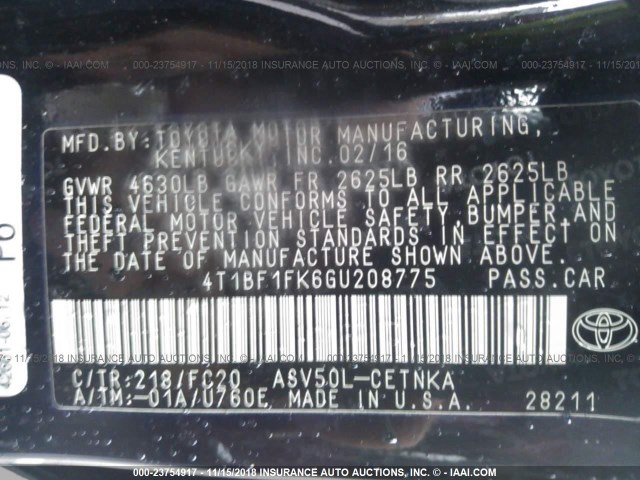 4T1BF1FK6GU208775 - 2016 TOYOTA CAMRY LE/XLE/SE/XSE BLACK photo 9