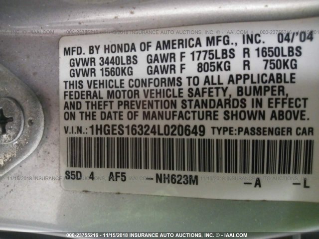 1HGES16324L020649 - 2004 HONDA CIVIC DX VP SILVER photo 9