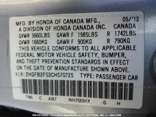 2HGFB2F53CH570725 - 2012 HONDA CIVIC SILVER photo 9