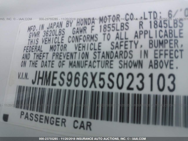 JHMES966X5S023103 - 2005 HONDA CIVIC HYBRID WHITE photo 9