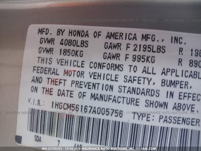 1HGCM56167A005756 - 2007 HONDA ACCORD VALUE GOLD photo 9