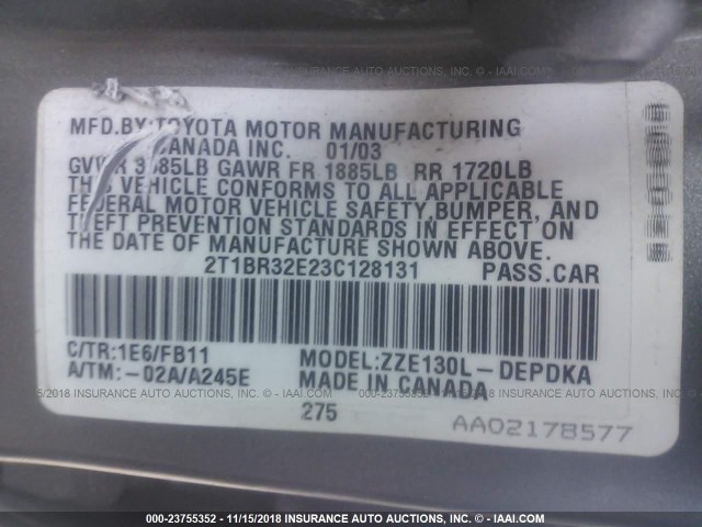 2T1BR32E23C128131 - 2003 TOYOTA COROLLA CE/LE/S GRAY photo 9