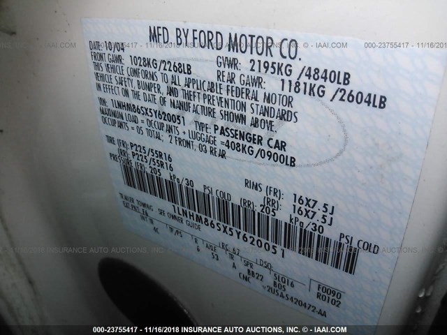 1LNHM86SX5Y620051 - 2005 LINCOLN LS WHITE photo 9