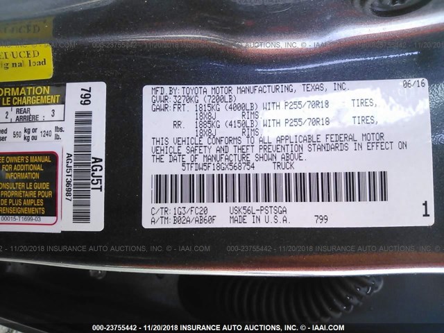 5TFDW5F18GX568754 - 2016 TOYOTA TUNDRA GRAY photo 9