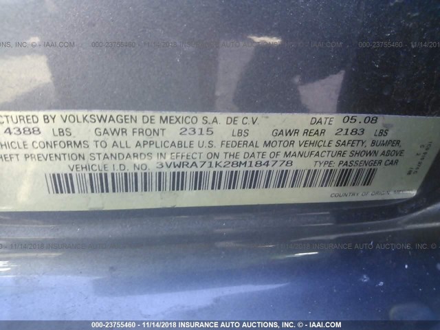 3VWRA71K28M184778 - 2008 VOLKSWAGEN JETTA WOLFSBURG 灰色 照片 9