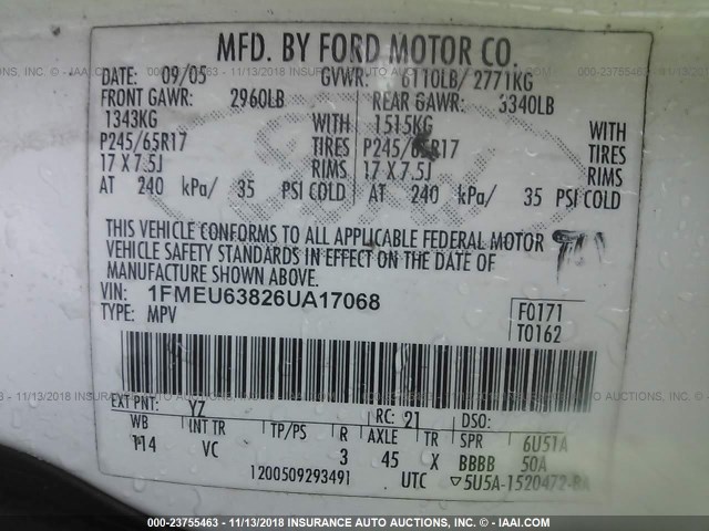 1FMEU63826UA17068 - 2006 FORD EXPLORER XLT WHITE photo 9