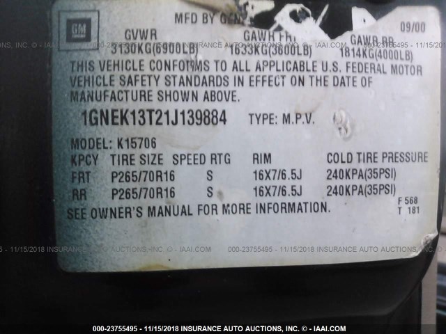 1GNEK13T21J139884 - 2001 CHEVROLET TAHOE K1500 GREEN photo 9