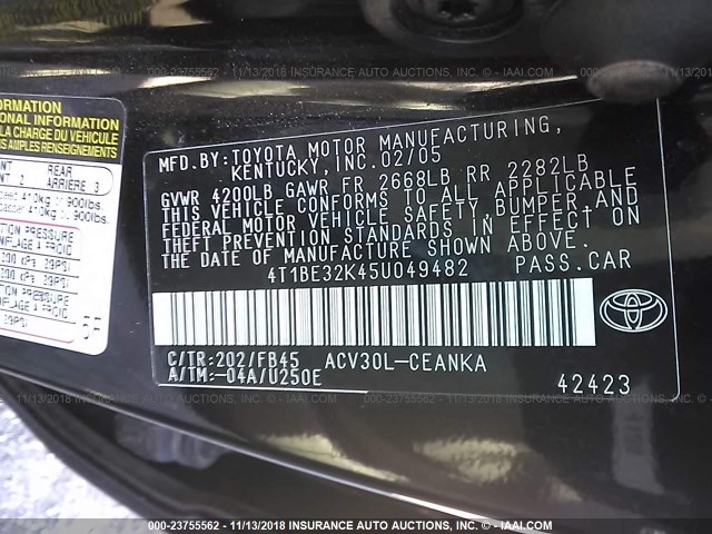 4T1BE32K45U049482 - 2005 TOYOTA CAMRY LE/XLE/SE BLACK photo 9