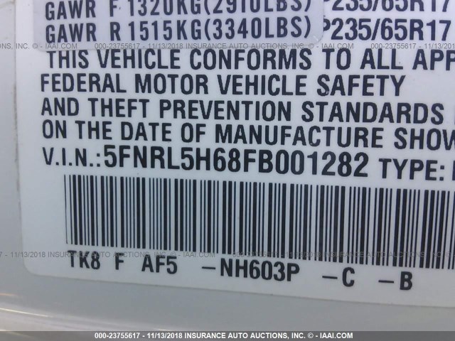 5FNRL5H68FB001282 - 2015 HONDA ODYSSEY EXL WHITE photo 9