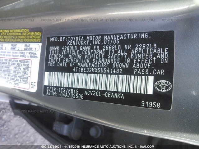 4T1BE32KX5U541482 - 2005 TOYOTA CAMRY LE/XLE/SE GRAY photo 9