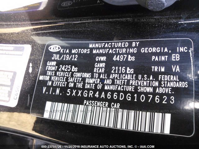 5XXGR4A66DG107623 - 2013 KIA OPTIMA SX BLACK photo 9