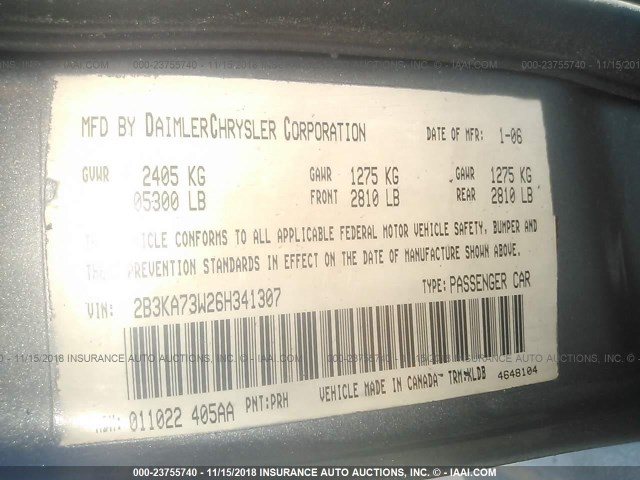 2B3KA73W26H341307 - 2006 DODGE CHARGER SRT-8 GRAY photo 9