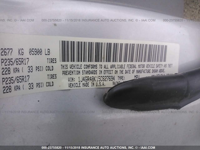 1J4GR48K15C627694 - 2005 JEEP GRAND CHEROKEE LAREDO/COLUMBIA/FREEDOM 银色 照片 9