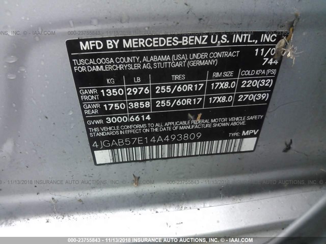 4JGAB57E14A493809 - 2004 MERCEDES-BENZ ML 350 SILVER photo 9