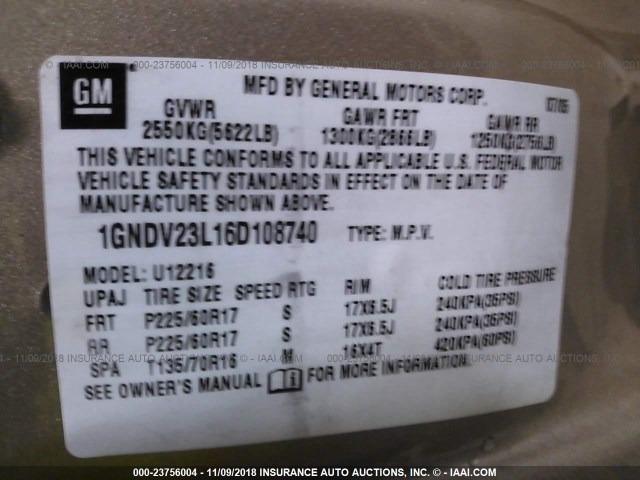 1GNDV23L16D108740 - 2006 CHEVROLET UPLANDER LS BROWN photo 9