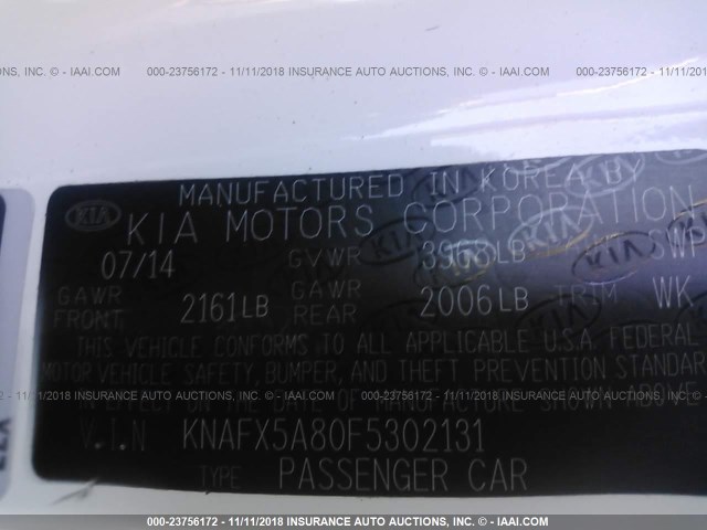 KNAFX5A80F5302131 - 2015 KIA FORTE EX WHITE photo 9