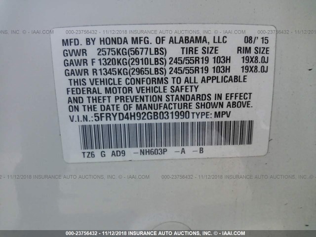 5FRYD4H92GB031990 - 2016 ACURA MDX ADVANCE WHITE photo 9