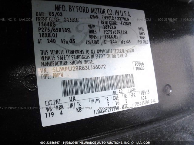 5LMFU28R63LJ46072 - 2003 LINCOLN NAVIGATOR Czarny zdjęcie 9