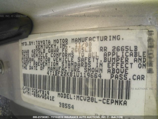 4T1BF22K81U119664 - 2001 TOYOTA CAMRY LE/XLE GRAY photo 9