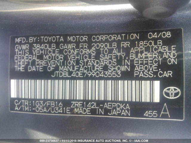 JTDBL40E799043553 - 2009 TOYOTA COROLLA LE/XLE GRAY photo 9