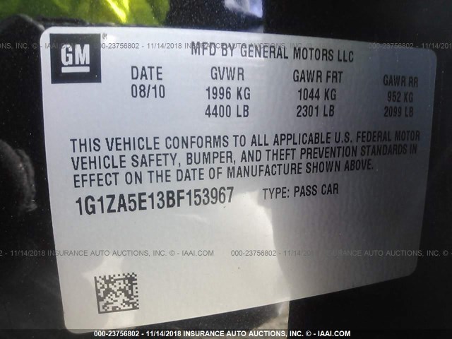 1G1ZA5E13BF153967 - 2011 CHEVROLET MALIBU 黑色 照片 9