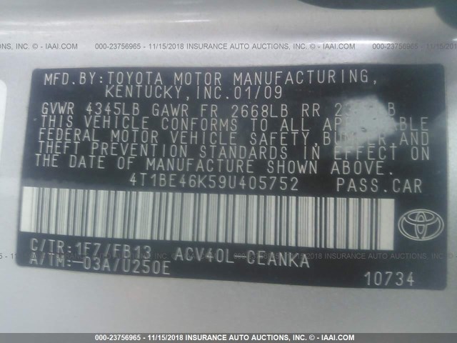 4T1BE46K59U405752 - 2009 TOYOTA CAMRY SE/LE/XLE SILVER photo 9