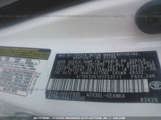 4T1BE32K16U723511 - 2006 TOYOTA CAMRY LE/XLE/SE WHITE photo 9