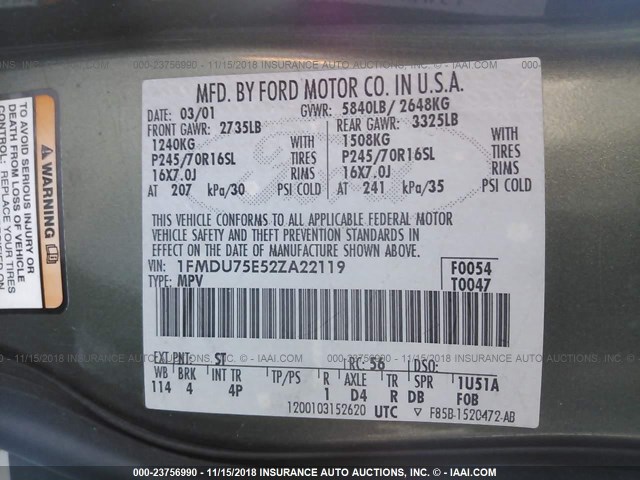 1FMDU75E52ZA22119 - 2002 FORD EXPLORER LIMITED GREEN photo 9