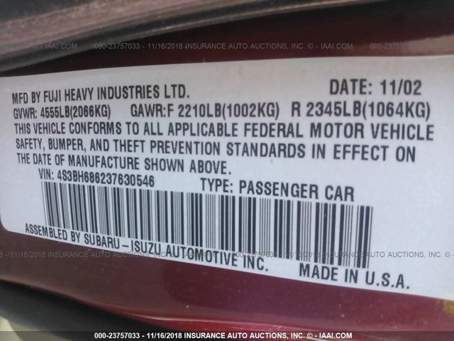 4S3BH686237630546 - 2003 SUBARU LEGACY OUTBACK LIMITED RED photo 9