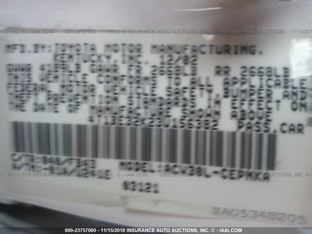 4T1BE32K23U156382 - 2003 TOYOTA CAMRY LE/XLE/SE WHITE photo 9