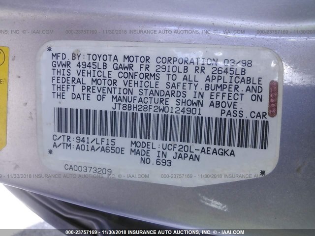 JT8BH28F2W0124901 - 1998 LEXUS LS 400 SILVER photo 9