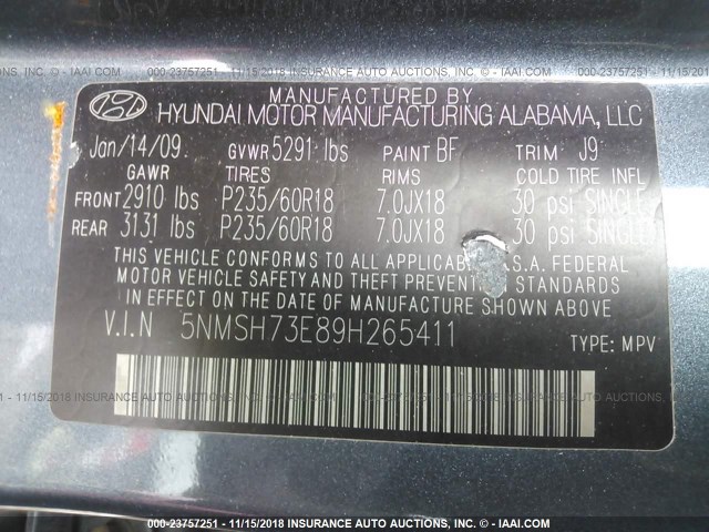 5NMSH73E89H265411 - 2009 HYUNDAI SANTA FE SE/LIMITED BLUE photo 9