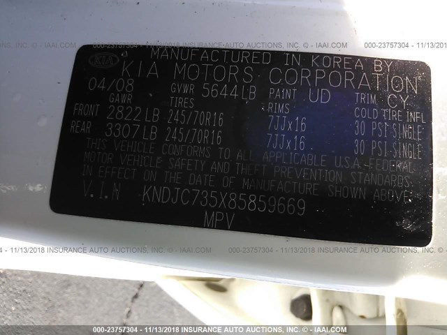 KNDJC735X85859669 - 2008 KIA SORENTO EX/LX WHITE photo 9