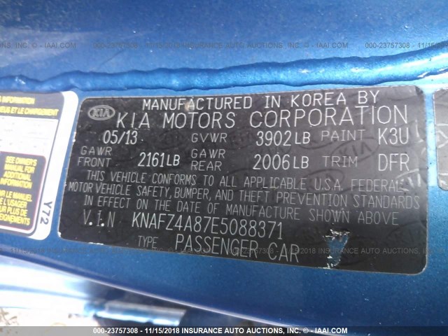 KNAFZ4A87E5088371 - 2014 KIA FORTE EX BLUE photo 9