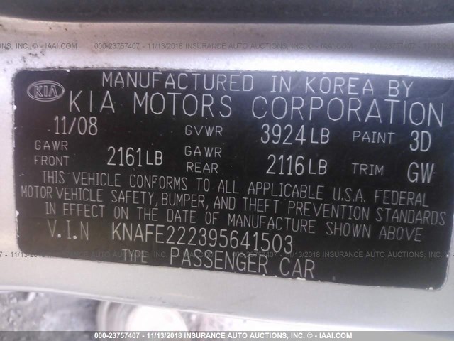 KNAFE222395641503 - 2009 KIA SPECTRA EX/LX/SX SILVER photo 9