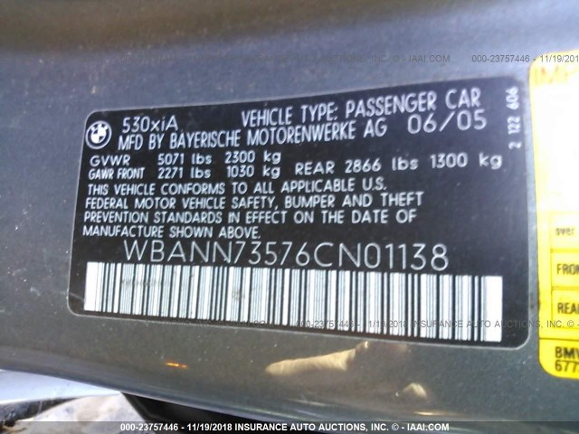 WBANN73576CN01138 - 2006 BMW 530 XIT GRAY photo 9